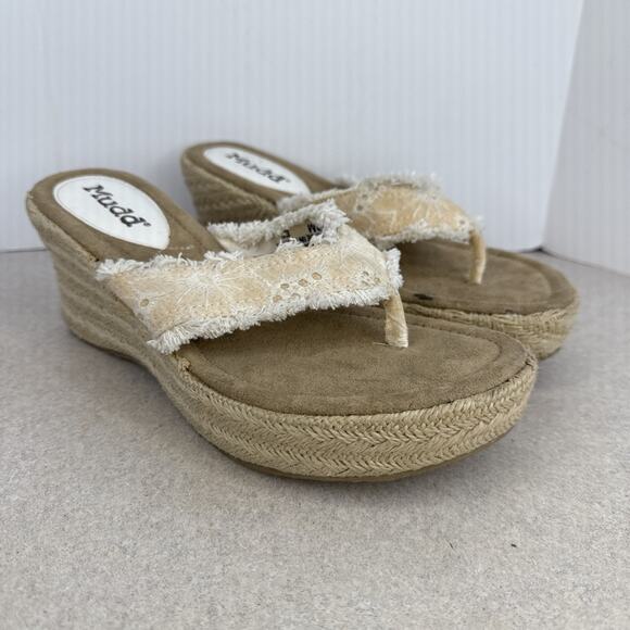 Vintage Y2K 2000 Women’s Mud Wedge Boho Lace Heel Thong Sandals Size 8 M - Picture 1 of 12